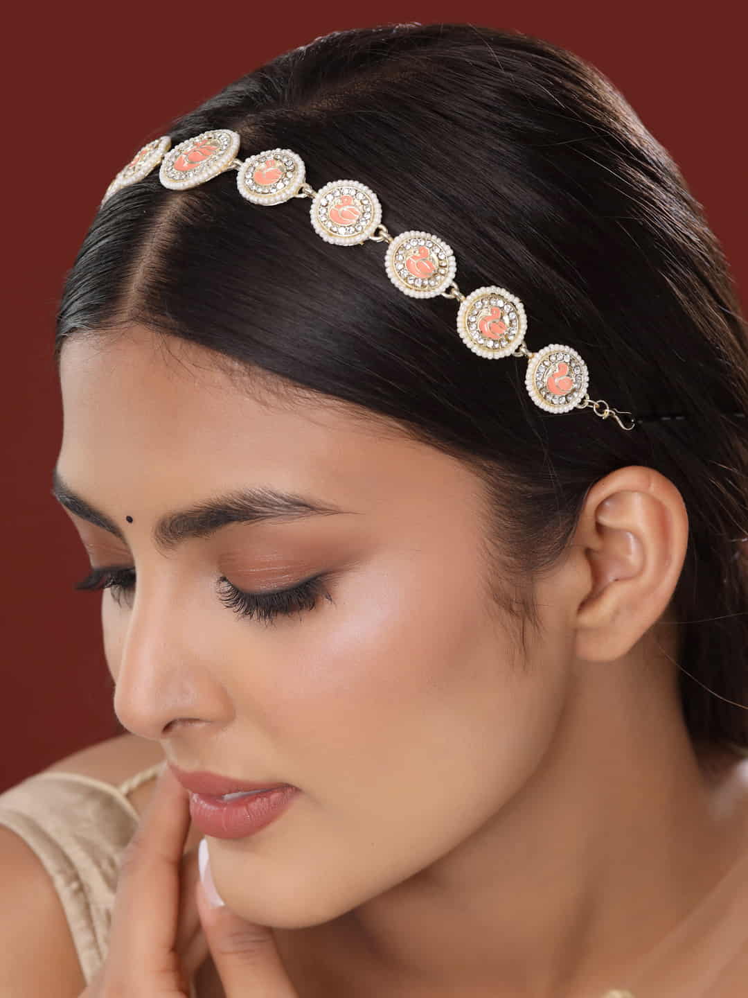 Buy Gold-Plated White Orange Kundan Sheeshphool Online