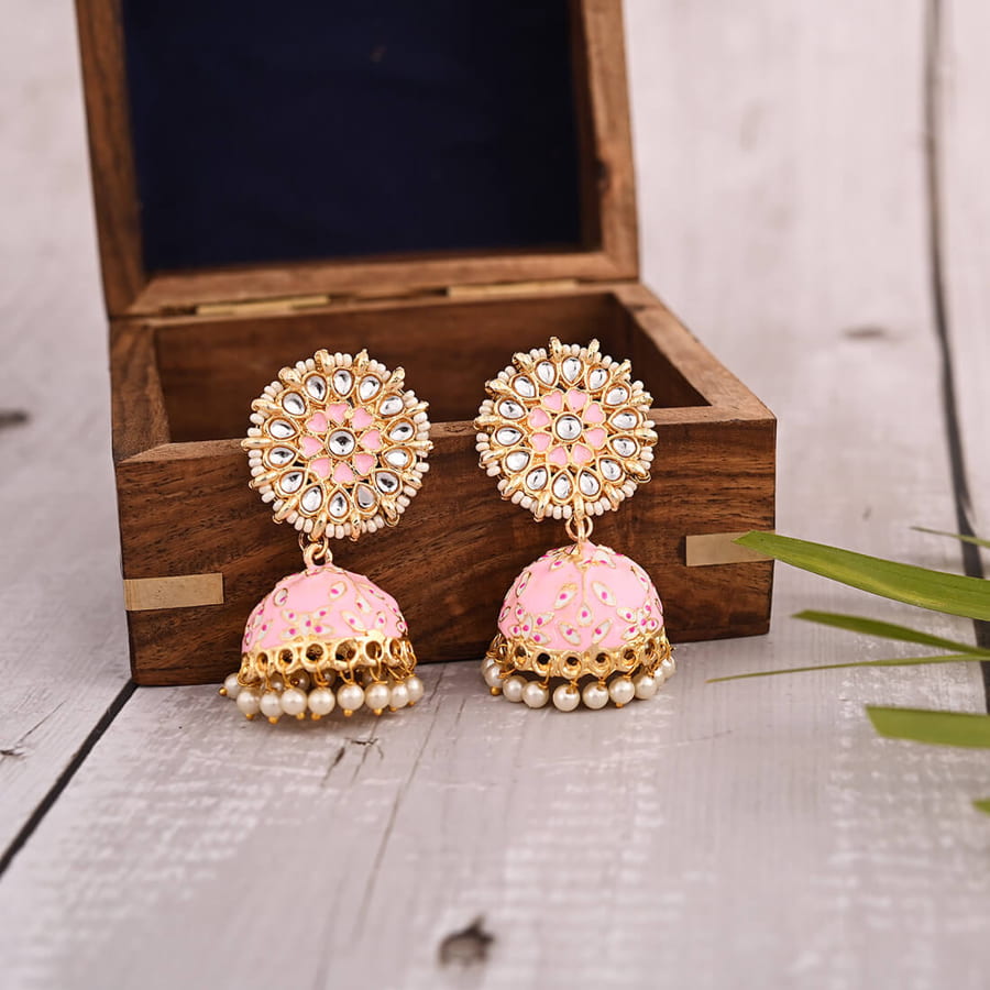 Meenakari Jhumka Earrings-Pink1