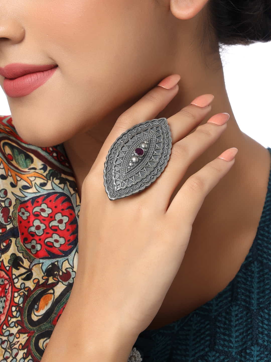 Oxidized Big Cocktail Adjustable Finger Ring - Main Image