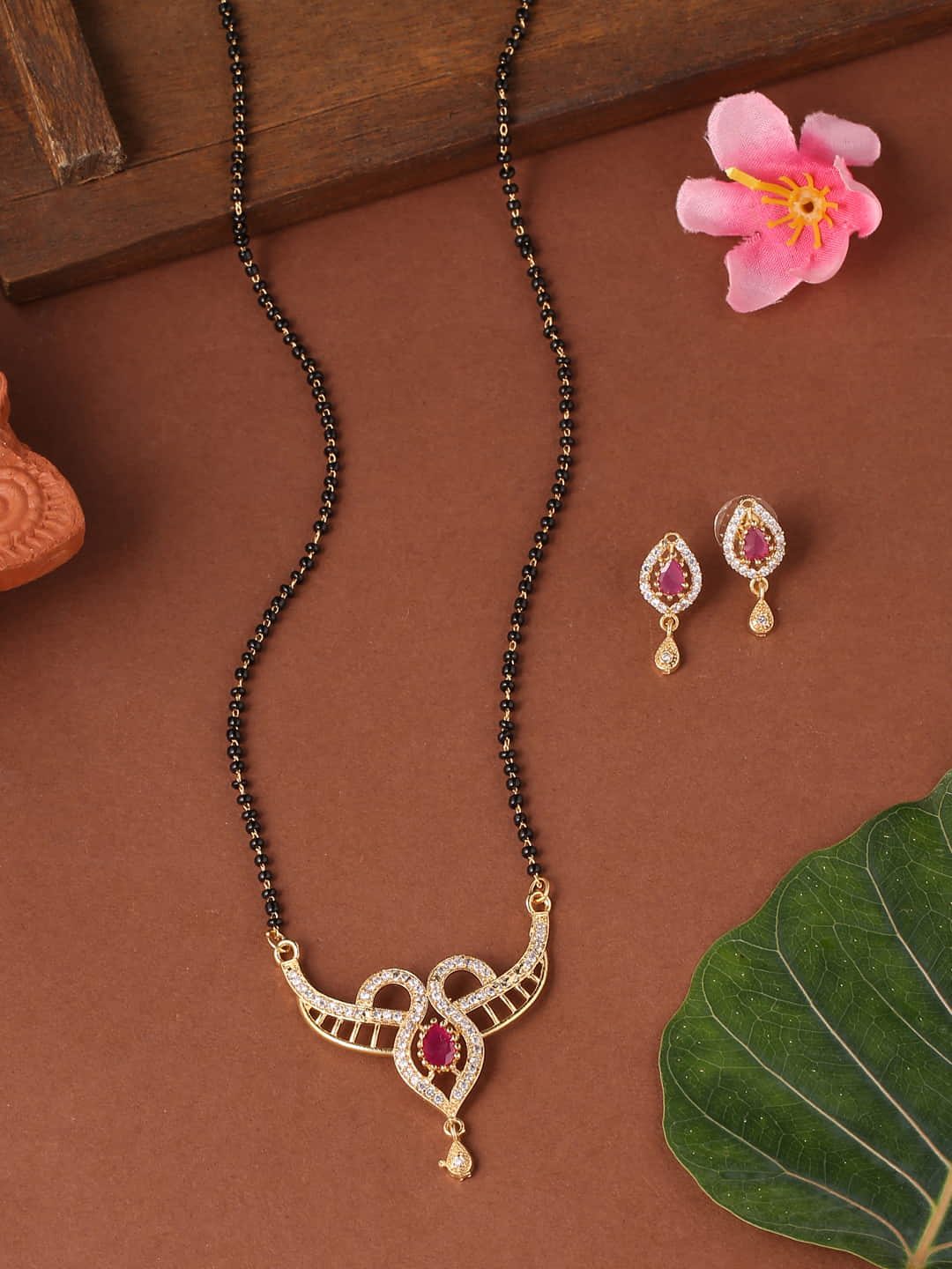 Gold-Plated Pink Stone Mangalsutra with Earrings for Women