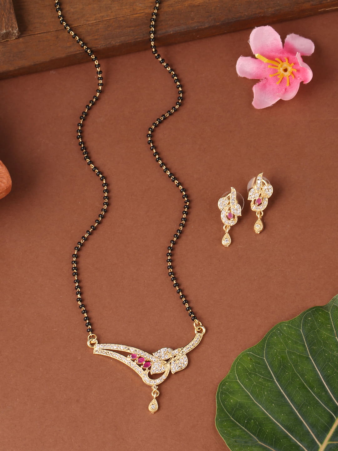 Gold-Plated Leaf Shape Mangalsutra with Earrings with Pink Stone
