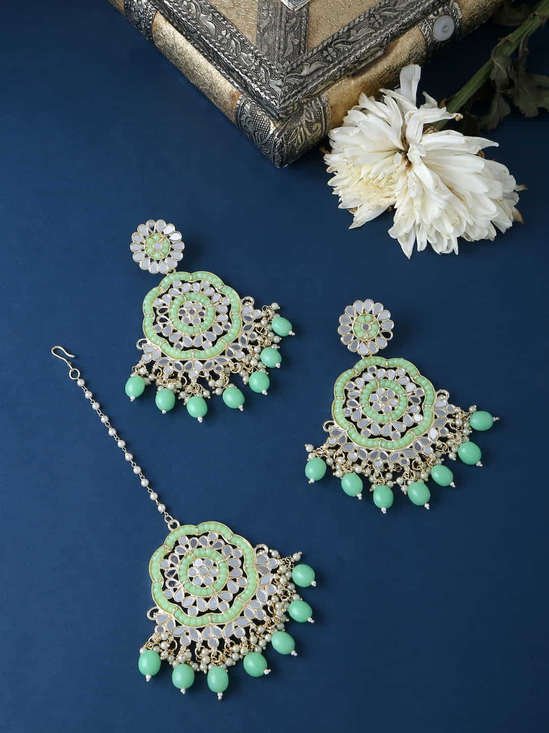 Bohemian Mirror Earrings and Maang Tikka Set Green