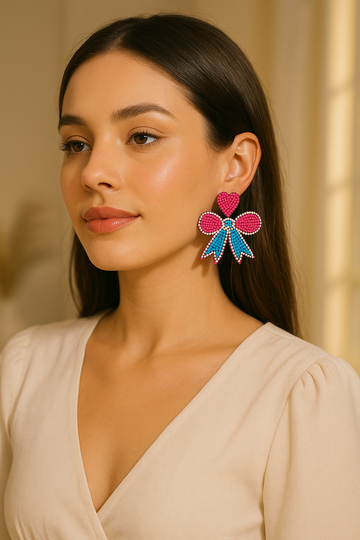Pink Bow Hand-Beaded Earrings