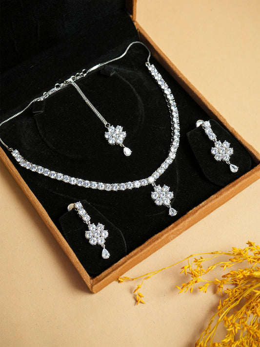 Rhodium-Plated Cubic Zirconia Studded Necklace Set