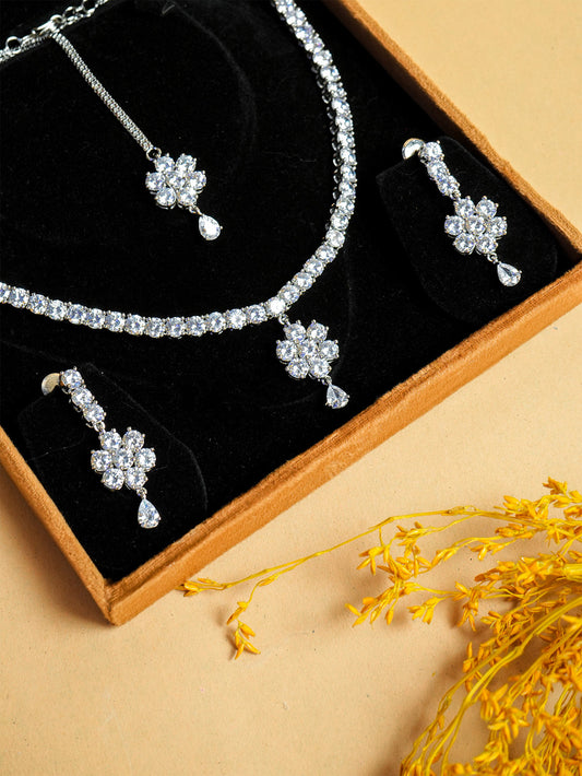 Rhodium-Plated Cubic Zirconia Studded Necklace Set