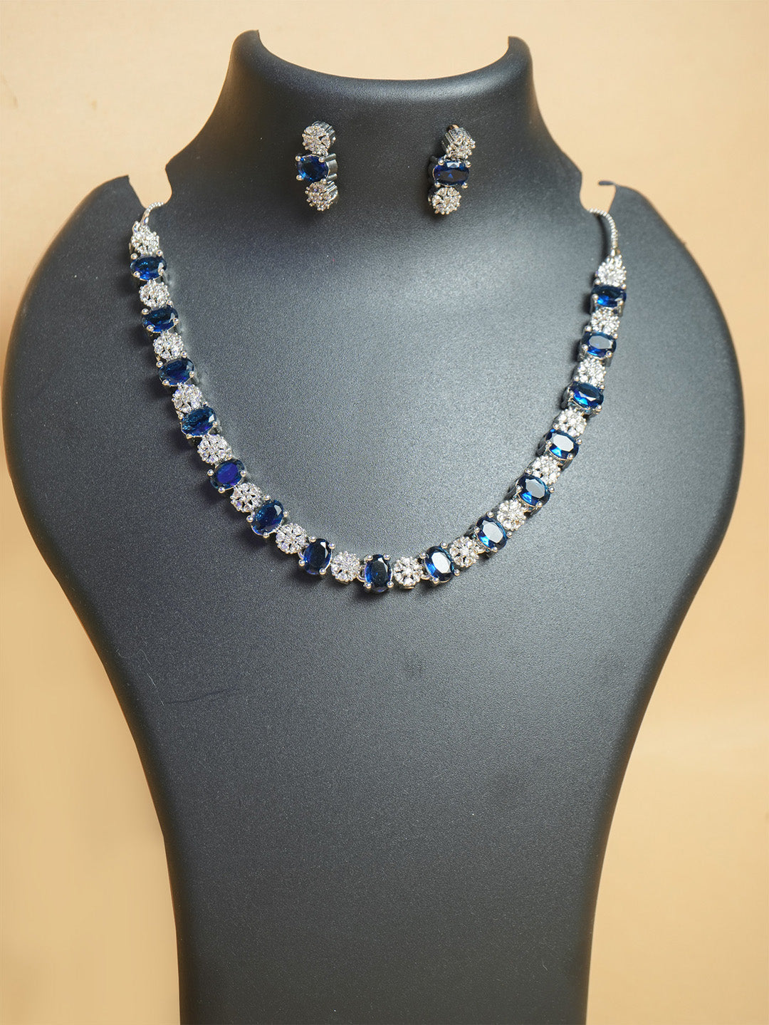 Rhodium Plated Blue Sapphire & Cubic Zirconia Studded Necklace Set