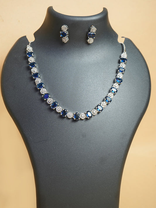 Rhodium Plated Blue Sapphire & Cubic Zirconia Studded Necklace Set