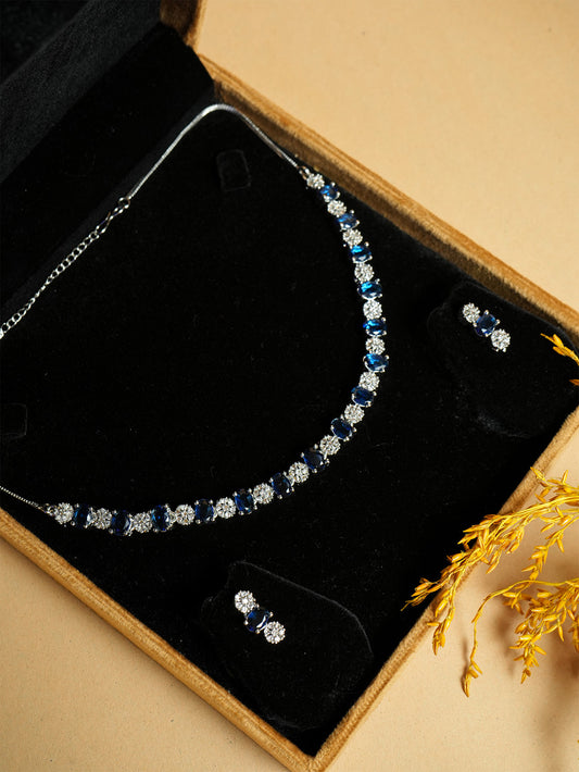 Rhodium Plated Blue Sapphire & Cubic Zirconia Studded Necklace Set