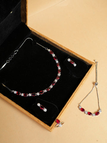 AD Silver-Plated Rubi & Cubic Zirconia Studded Necklace Set