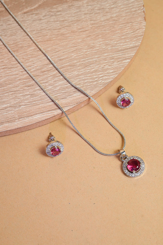 Ruby & CZ Studded Square Shape Pendant Necklace Set