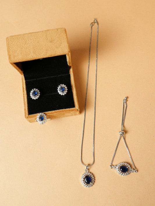 Blue Pendant Necklace Set With Ring and Bracelet