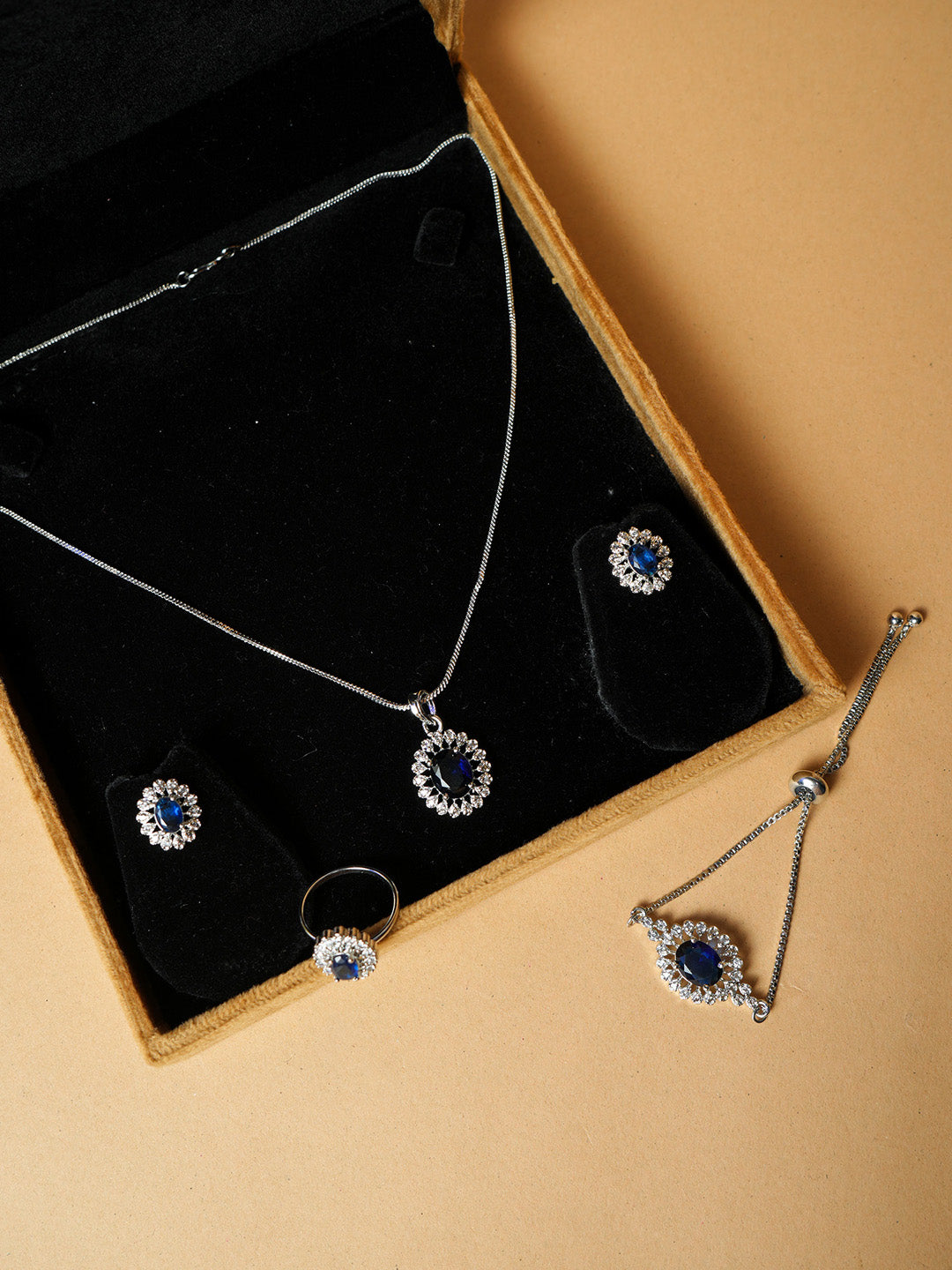 Blue Pendant Necklace Set With Ring and Bracelet