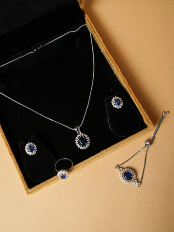 Blue Pendant Necklace Set With Ring and Bracelet