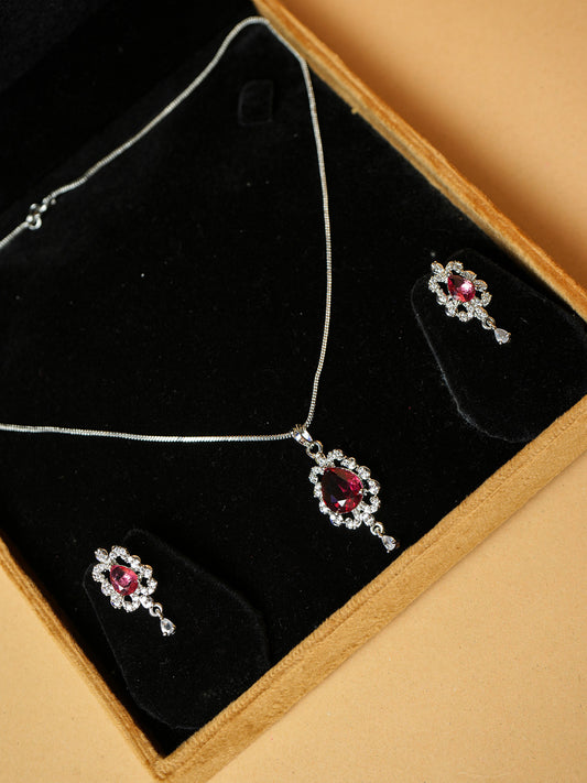 Ruby & CZ Studded Square Shape Pendant Necklace Set
