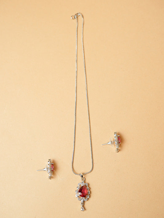 Ruby & CZ Studded Square Shape Pendant Necklace Set