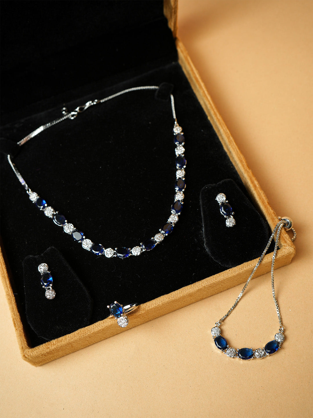 Silver Plated Blue Sapphire Necklace Set With Ring and Bracelet