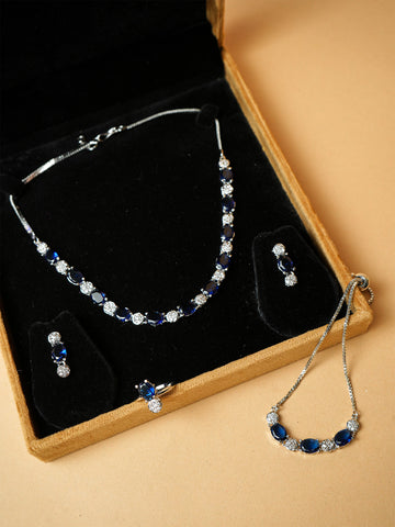 Silver Plated Blue Sapphire Necklace Set With Ring and Bracelet