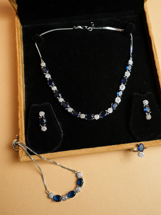 Silver Plated Blue Sapphire Necklace Set With Ring and Bracelet
