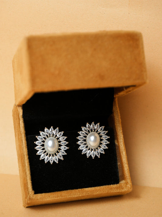 Cubic Zirconia Studded White Pearls Studs