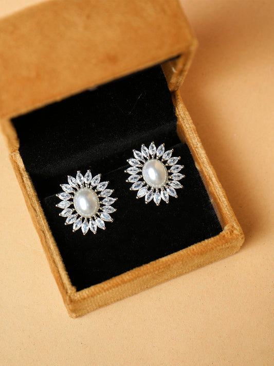 Cubic Zirconia Studded White Pearls Studs