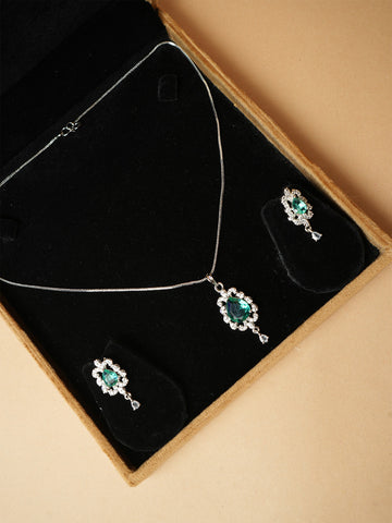 Rhodium-Plated Emerald & CZ Studded Pendant Necklace Set