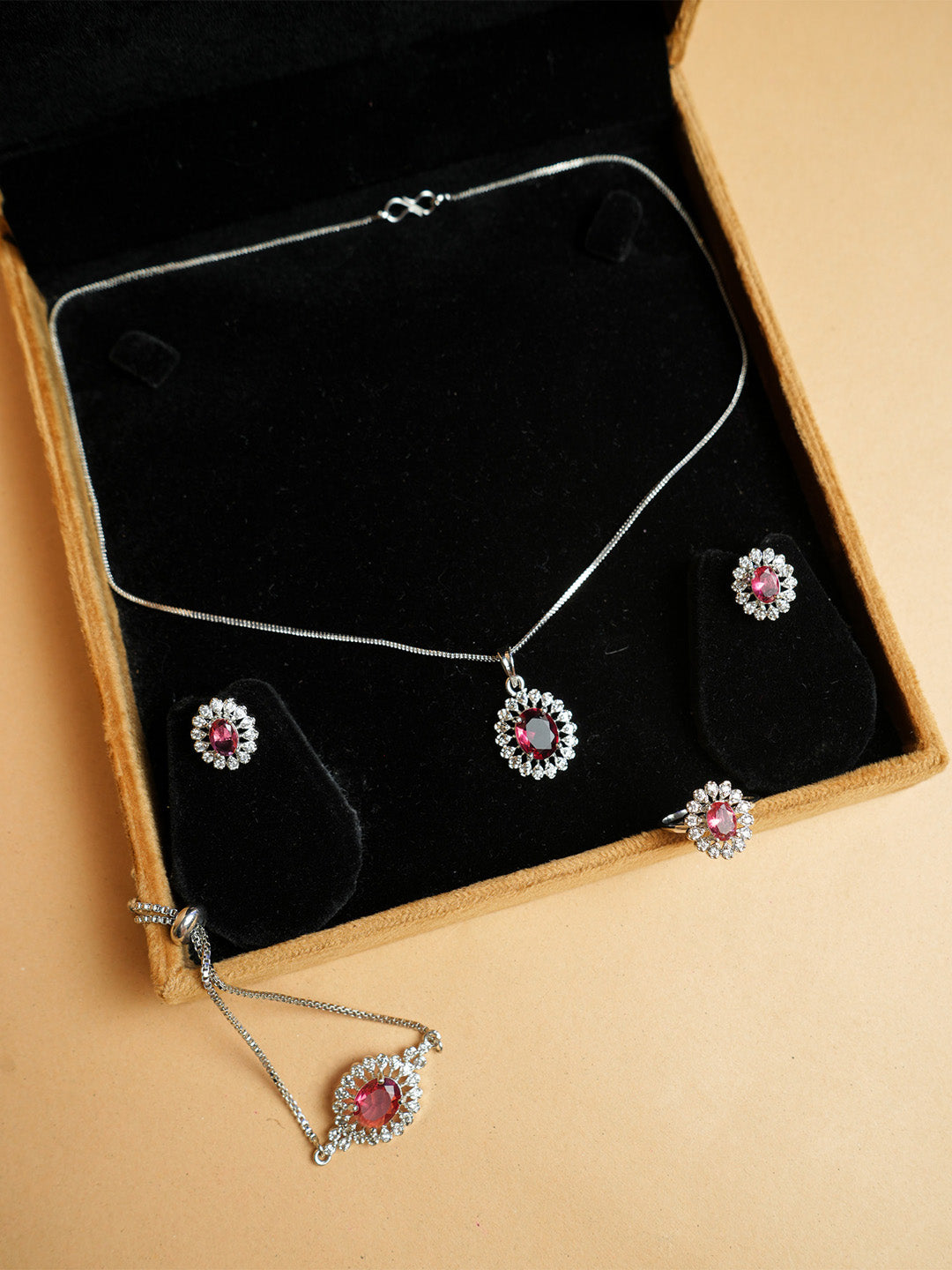 Ruby Pendant Necklace Set Ring and Bracelet"