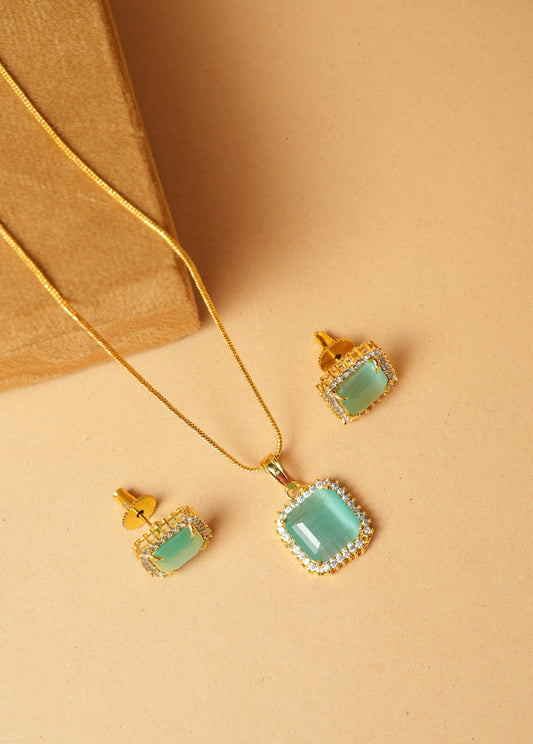 Elegant Mint Green Stone Pendant Necklace & Earring Set