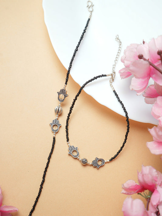 Black Beaded Silver Hamsa Charm Anklet