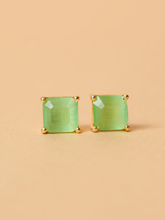 Minimalist Green Square Stud Earrings with Gold Plating