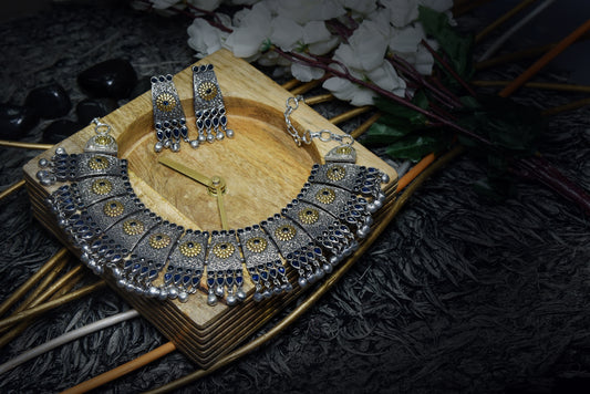 Dual Tone Blue Stone Studded Jewellery Set