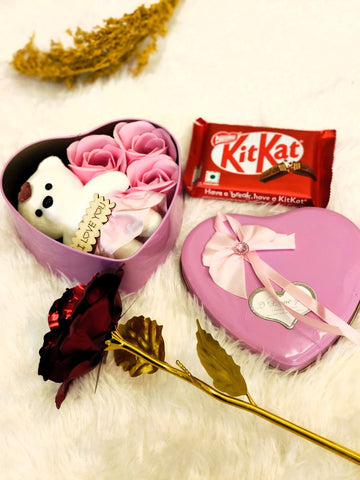Romantic Heart Gift Box Set - Pink Soap Roses, Plush Teddy Bear & Gold-Stemmed Rose
