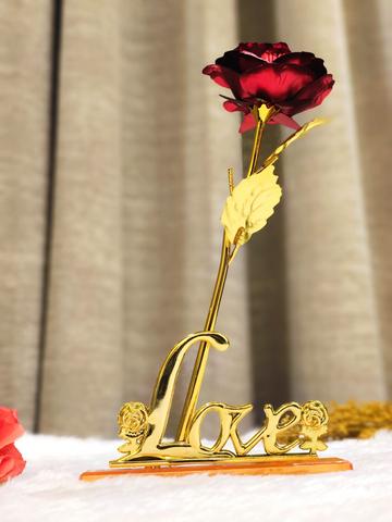 Eternal Red Rose with Love Stand Gold-Dipped Style Desktop Decor