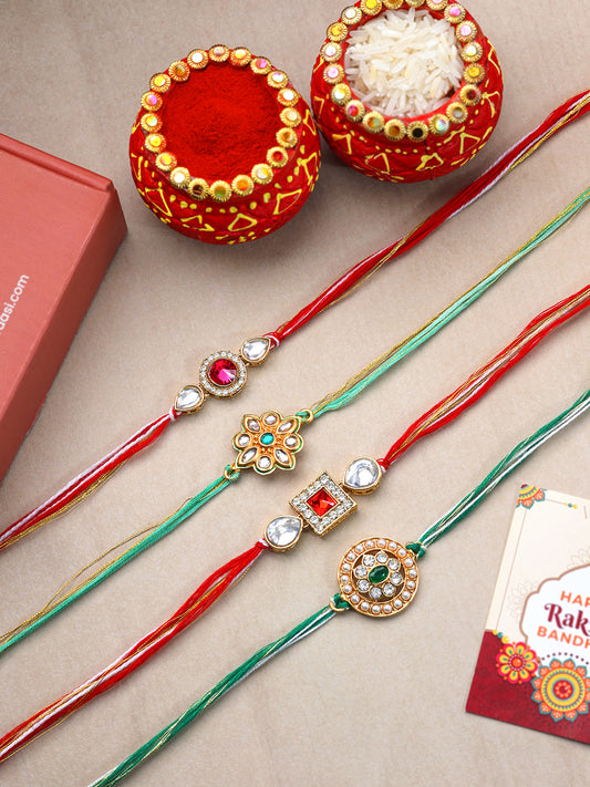 Set Of 4 Threaded Rakhi With Roli & Rice