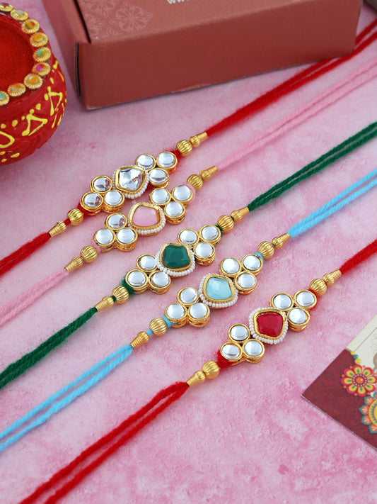 Set of 5 Kundan Studded Rakhi With Roli & Rice