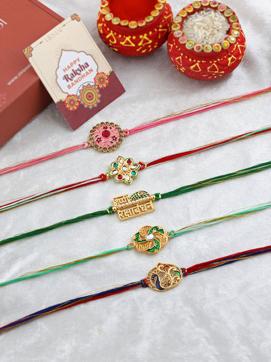 Set Of 5 Threaded Rakhi With Roli & Rice