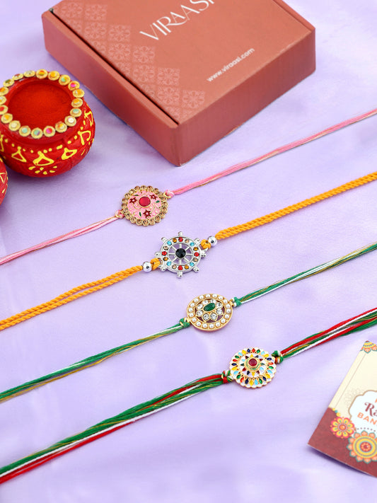 Set Of 4 Threaded Rakhi With Roli & Rice