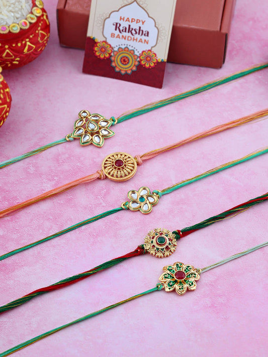 Set Of 5 Threaded Rakhi With Roli & Rice