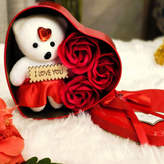 Deluxe Valentine’s Gift Set Eternal Red Rose with Gold LOVE Stand & Treats