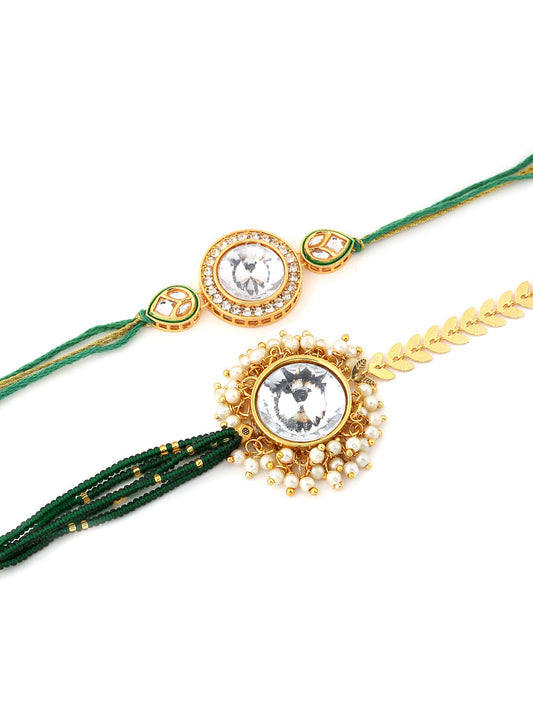 Green and Gold-Toned Kundan Bhaiya Bhabhi Rakhi Bracelet