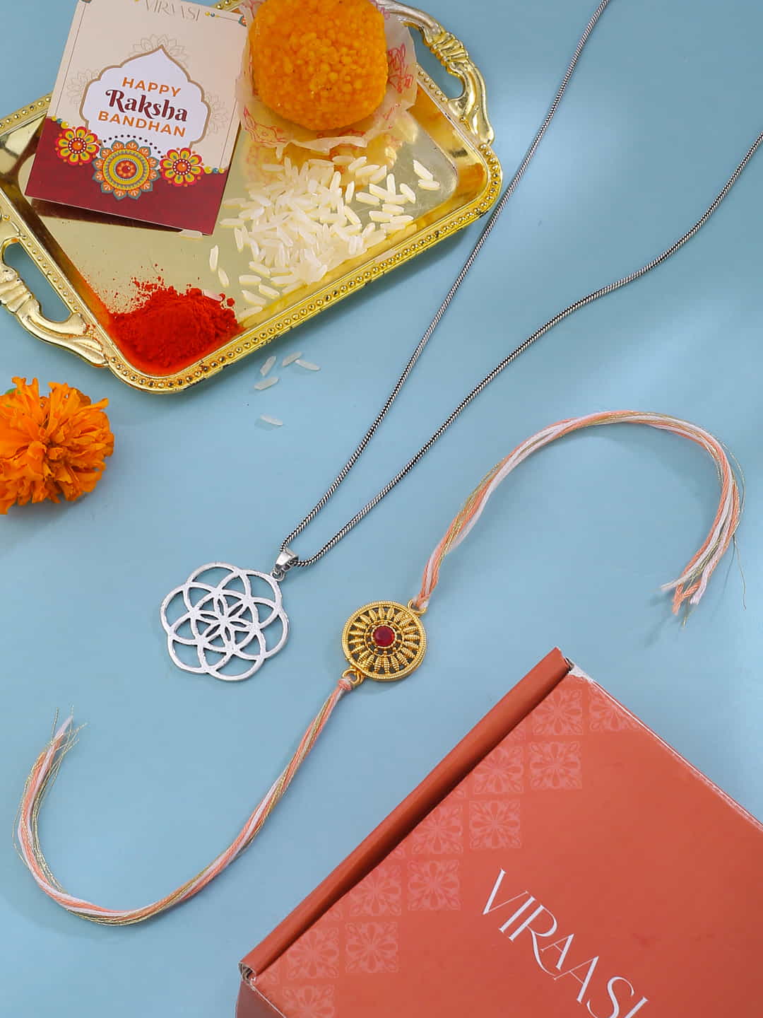 Chain Pendant and Gold-Plated Rakhi Gift For Brother