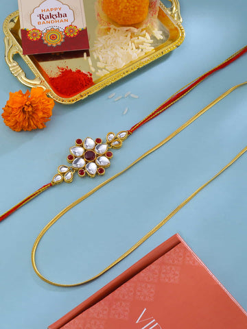 Gold-Plated Chain with Kundan Rakhi Gift Combo For Brother