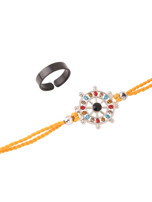 Stainless Steel Ring with Colourful Stone Rakhi Gift Combo For Brother