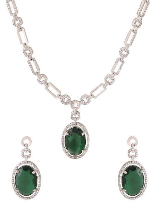Rhodium Plated Premium White & Emerald Solitaire Zircons Jewellery Set