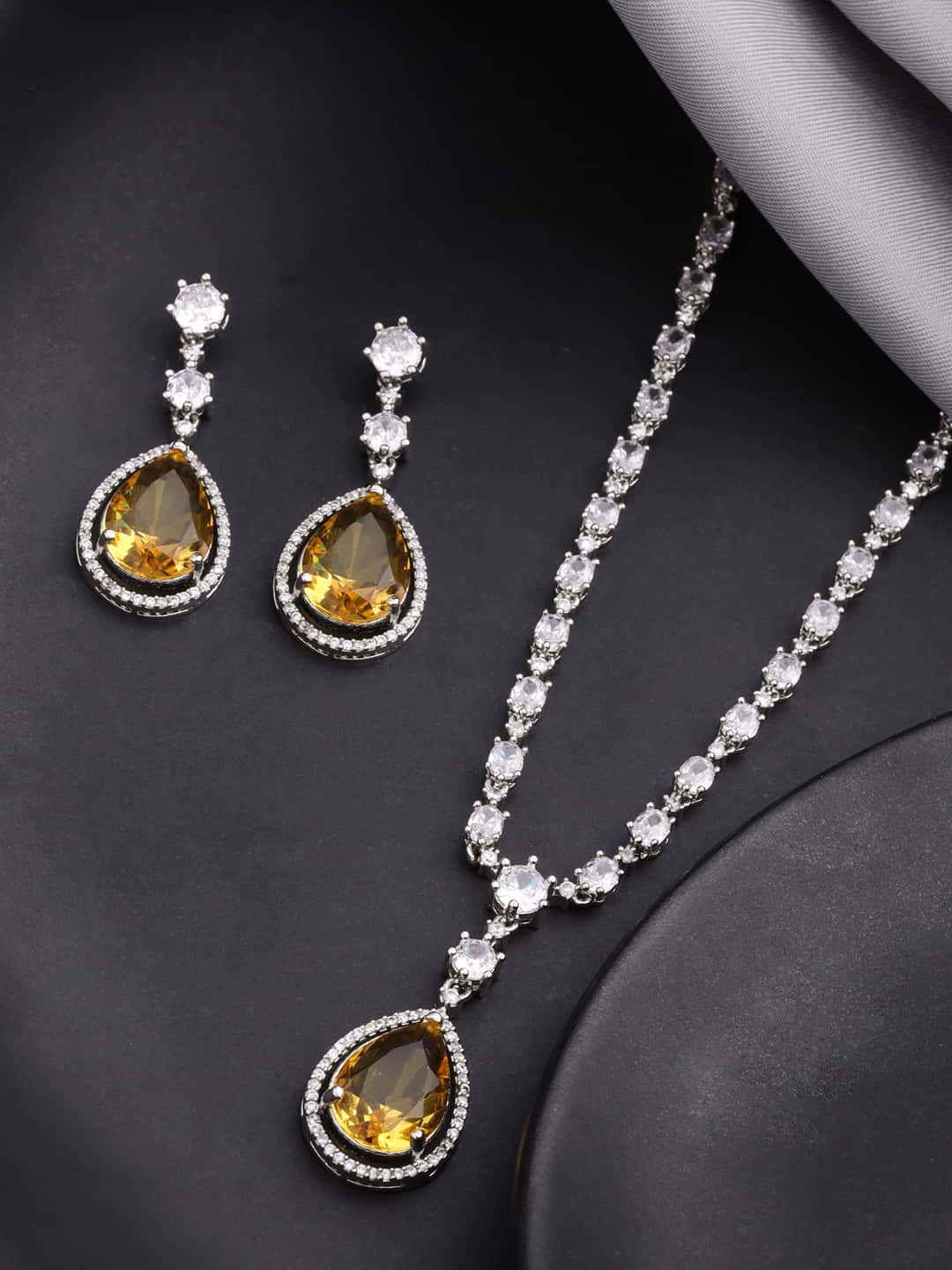 Premium White & Yellow Zircons Studded Party Wear Jewellery Set