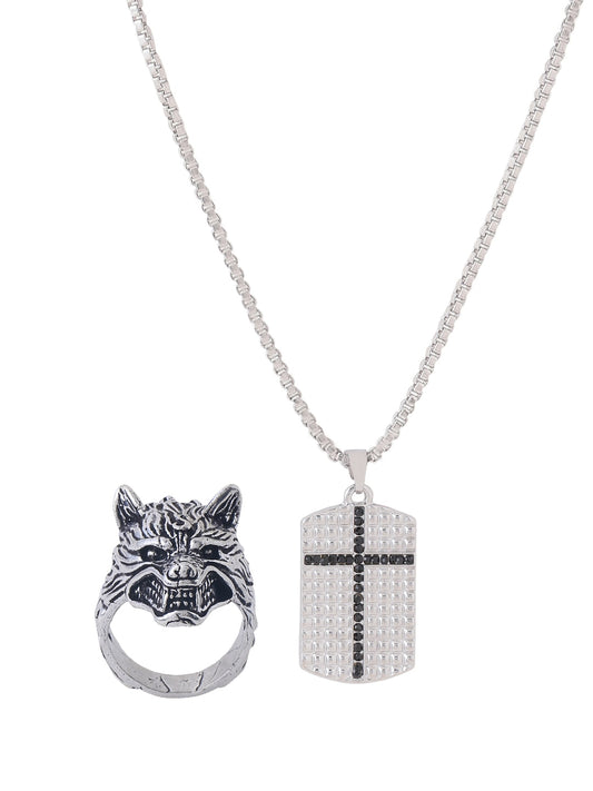 Dog tag Cross Pendant with Wolf Ring