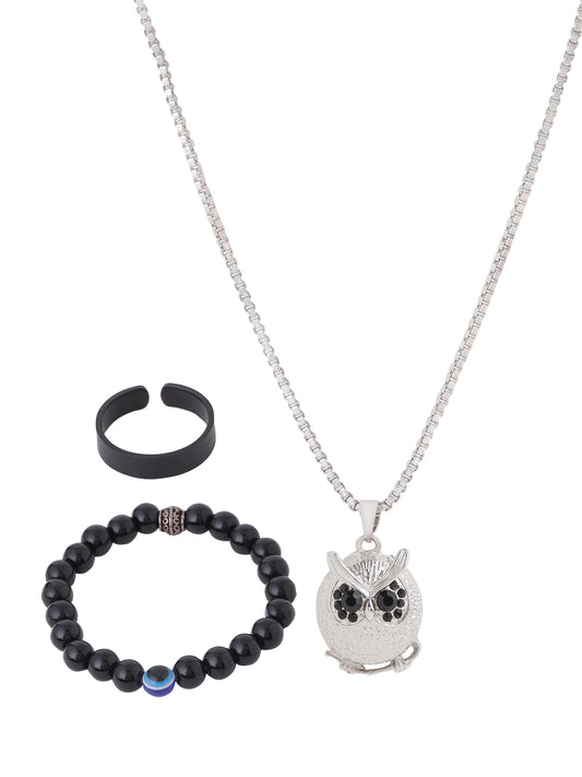 Owl Pedant with Bracelet and Ring Mens Combo