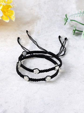 Minimalist Black Macrame & Sterling Silver Bead Anklet Set