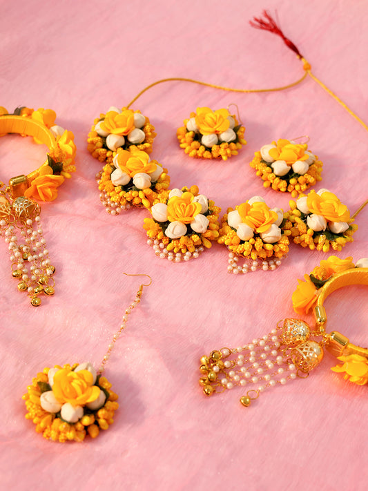 Vibrant Yellow Haldi Bride Jewellery with Pearl Drops