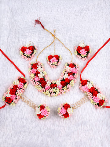 Vibrant Red & Pink Floral Haldi/Mehendi Jewelry Set