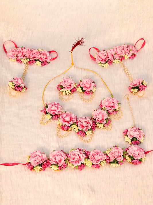 Elegant Pink Peony Floral Haldi/Mehendi Jewelry Set